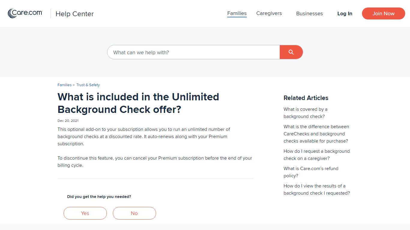What is included in the Unlimited Background Check offer? - Care